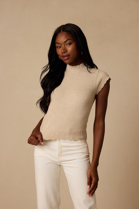 Tilda Beige Cap Sleeve Scalloped Sweater Top 1