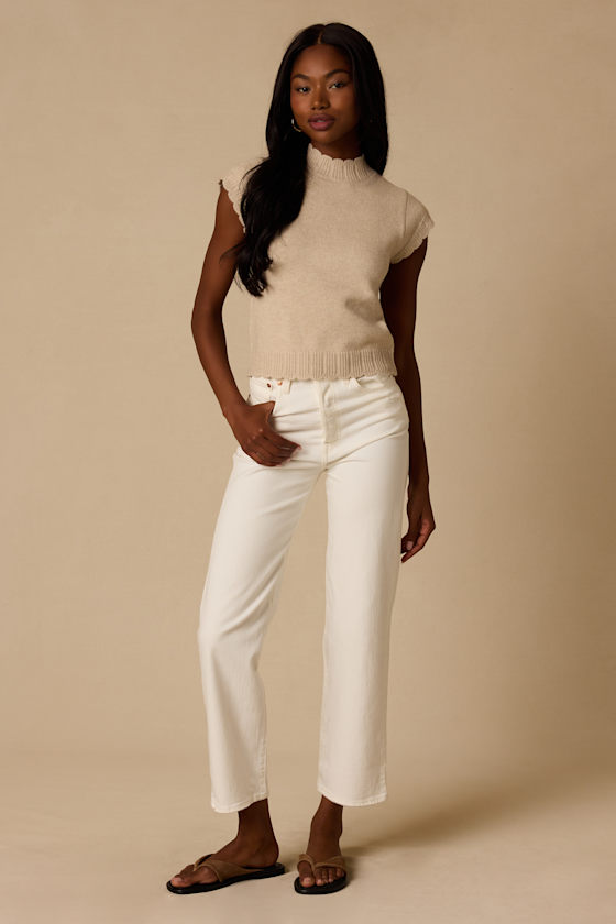 Tilda Beige Cap Sleeve Scalloped Sweater Top - thumbnail 3