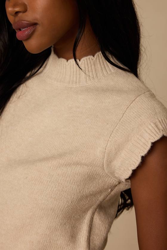 Tilda Beige Cap Sleeve Scalloped Sweater Top - thumbnail 4