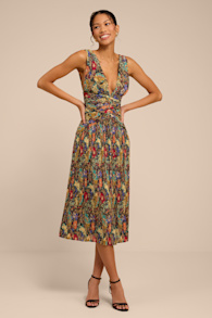 Kelina Black Multi Floral Pleated Drop Waist Midi Dress 1