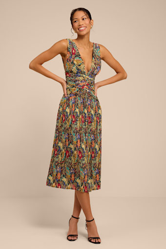 Kelina Black Multi Floral Pleated Drop Waist Midi Dress 1