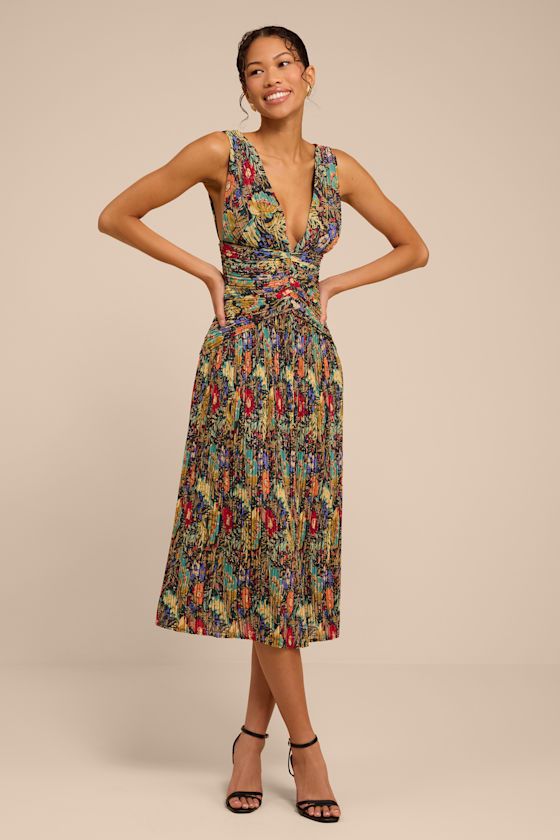 Kelina Black Multi Floral Pleated Drop Waist Midi Dress 1