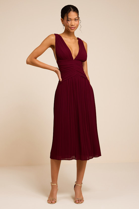 Kelina Burgundy Pleated Drop Waist Midi Dress 1