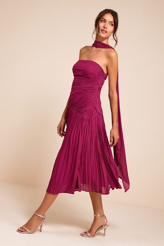 Nellie Berry Pink Pleated Midi Dress and Scarf Set