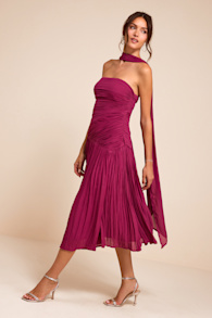 Nellie Berry Pink Pleated Midi Dress and Scarf Set 1