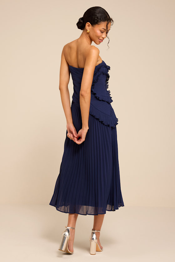 Brylee Navy Pleated Ruffled Midi Dress - thumbnail 3