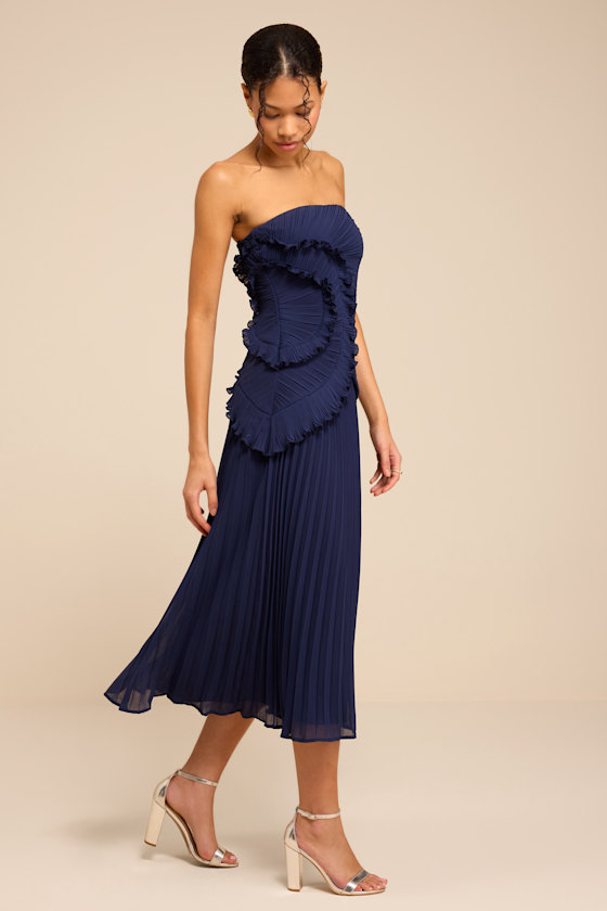 Brylee Navy Pleated Ruffled Midi Dress - thumbnail 4