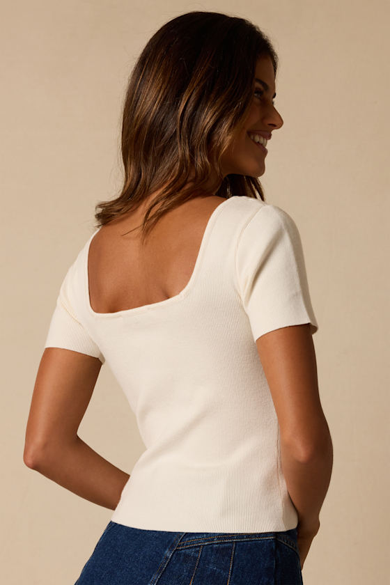 Dalida Ivory Ribbed Knit Short Sleeve Top 2