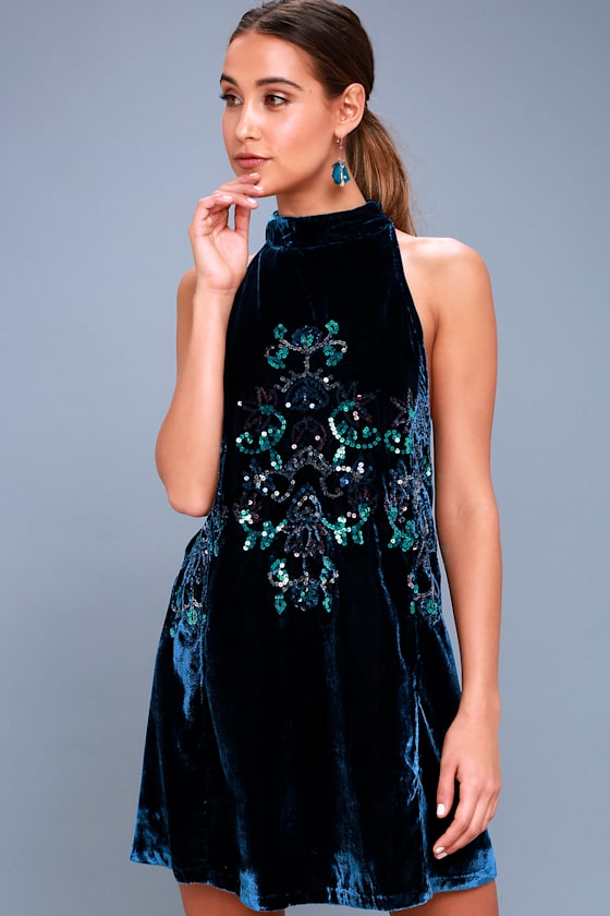 Jill's Navy Blue Velvet Sequin Print Halter Dress 1