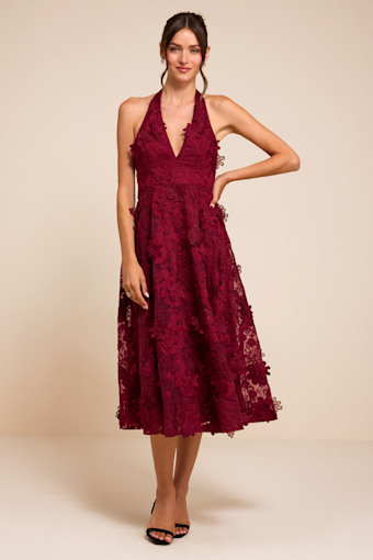 Kennia Burgundy 3D Floral Embroidered Halter Midi Dress 1