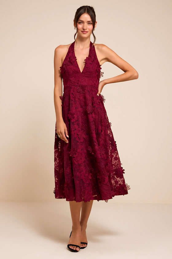 Kennia Burgundy 3D Floral Embroidered Halter Midi Dress 1