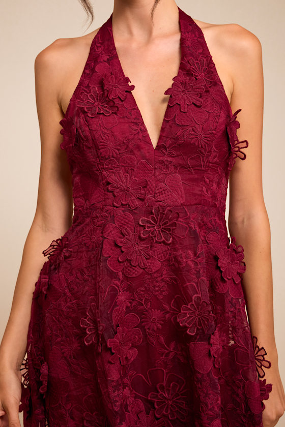 Kennia Burgundy 3D Floral Embroidered Halter Midi Dress 2