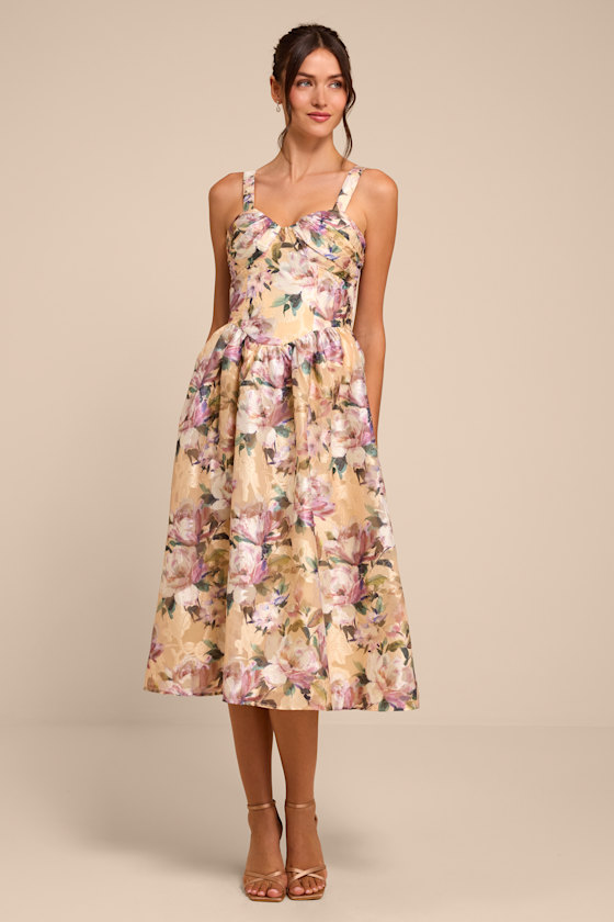 Kathani Light Yellow Floral Jacquard Bustier Midi Dress 1