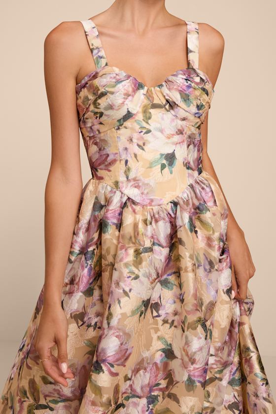 Kathani Light Yellow Floral Jacquard Bustier Midi Dress 2