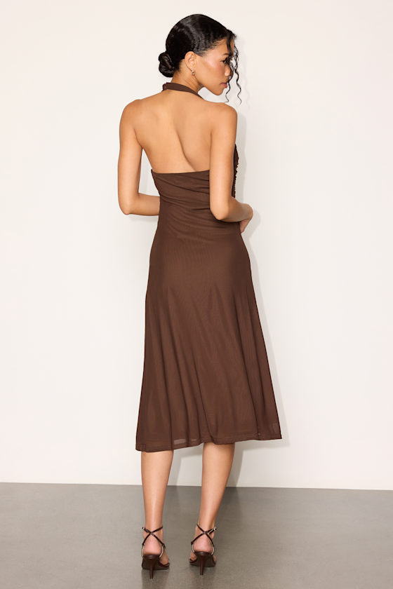 Franny Brown Mesh Asymmetrical Midi Dress - thumbnail 3
