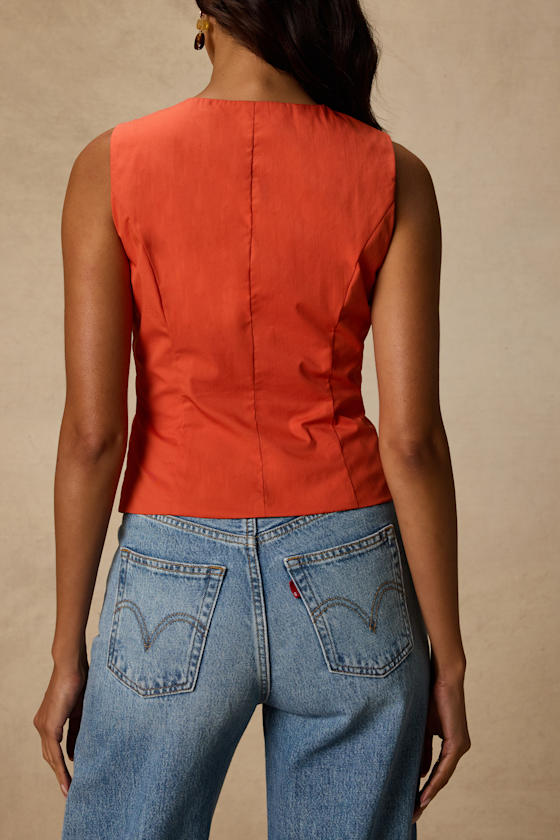 Seasonally Lovely Orange Scalloped Button-Front Poplin Top 2