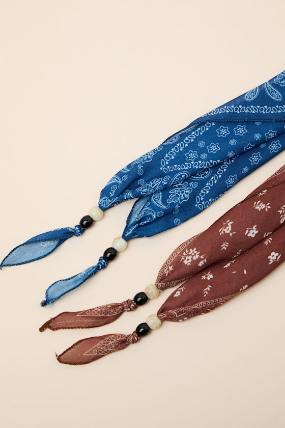 Jovie Blue and Brown Beaded Bandana Scarf Set - thumbnail 5