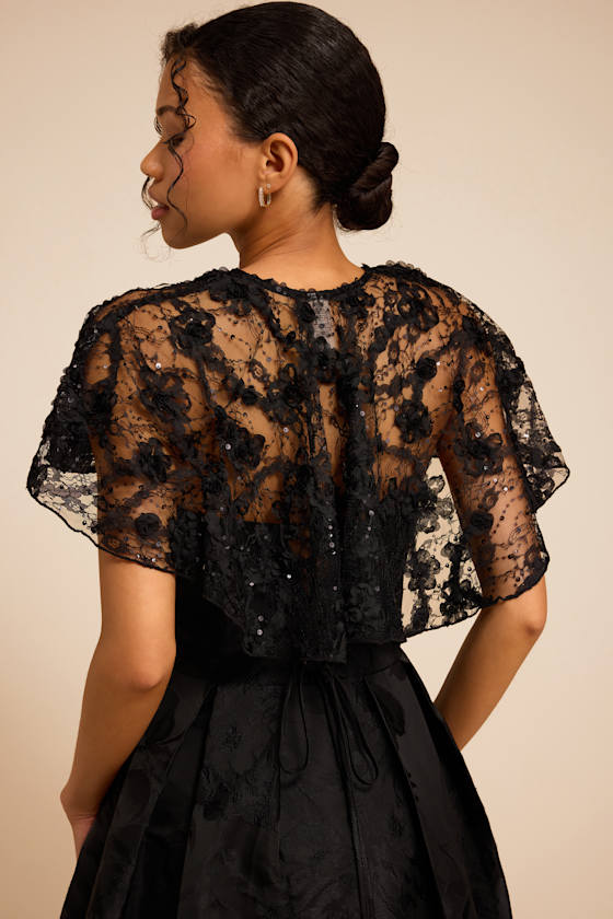Alin Black Lace Sequin Shoulder Cape - thumbnail 3