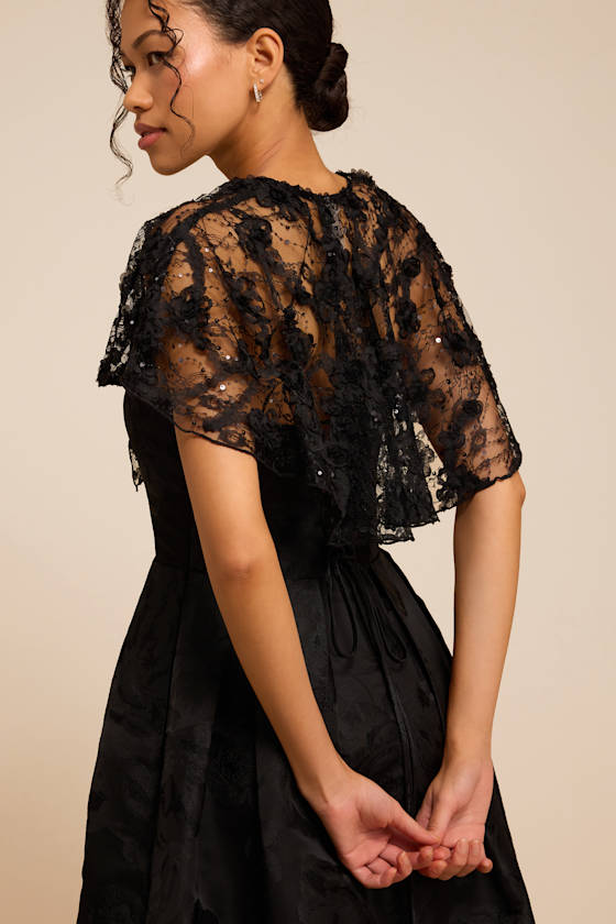 Alin Black Lace Sequin Shoulder Cape - thumbnail 4