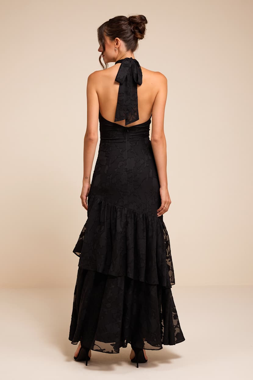 black ruffle halter dress Jacquard - Burnout Chiffon Dress - Formal Black Dress swatch:forest-green-multi-stripe