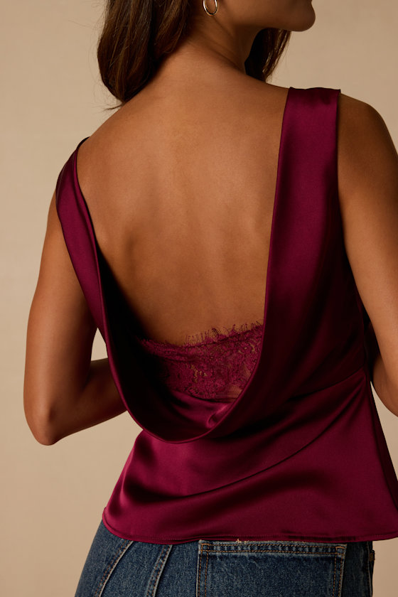Arquette Wine Satin Cowl Back Tank Top - thumbnail 5