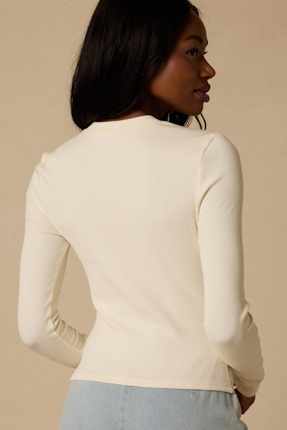 Clarise Ivory Ribbed Knit Lace Long Sleeve Top - thumbnail 3