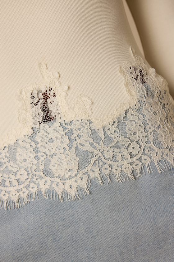 Clarise Ivory Ribbed Knit Lace Long Sleeve Top - thumbnail 5
