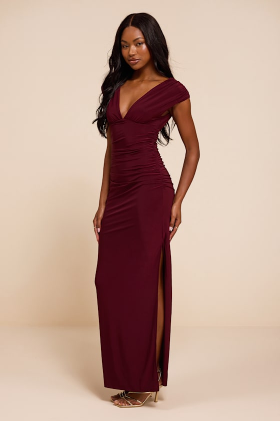 Ula Burgundy Jersey Knit Column Maxi Dress - thumbnail 4