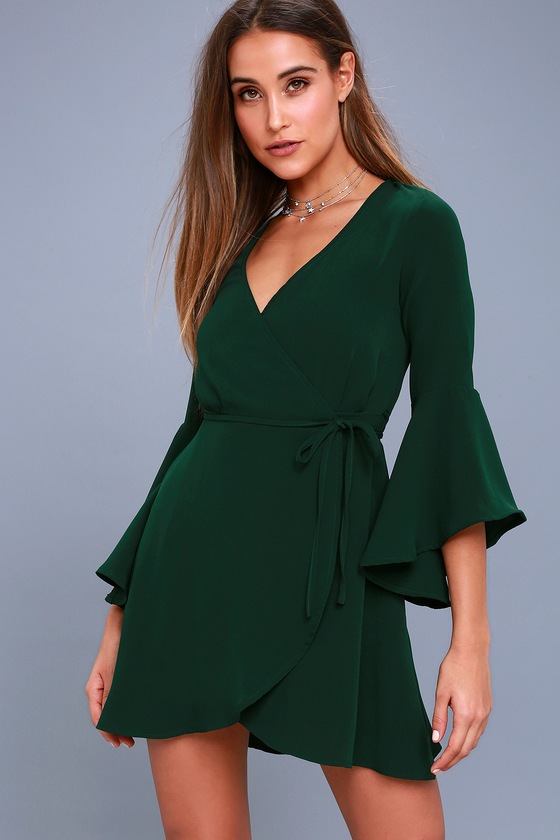 Chic Forest Green Dress - Wrap Dress - Flounce Sleeve Dress - Lulus