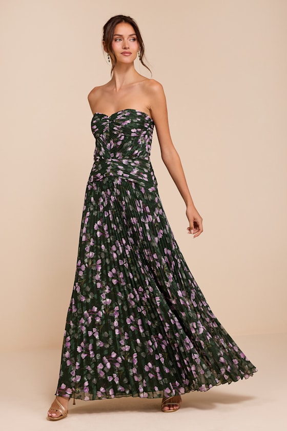 Image of Marlene Dark Green Floral Pleated Drop Waist Maxi Dress