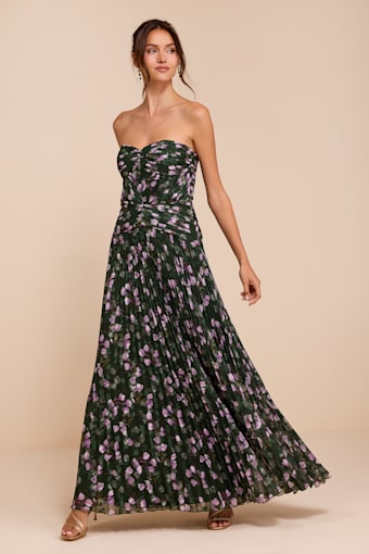 Marlene Dark Green Floral Pleated Drop Waist Maxi Dress 1