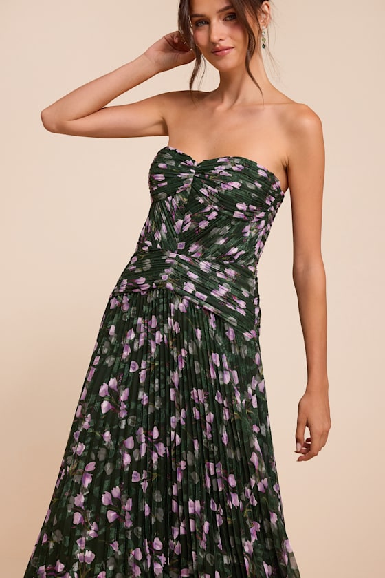 Marlene Dark Green Floral Pleated Drop Waist Maxi Dress 2