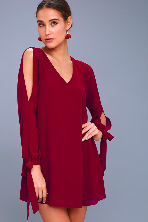 First Date Wine Red Long Sleeve Shift Dress