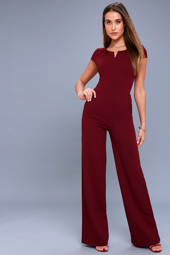 Burgundy Jumpsuit - Short Sleeve Wide-Leg Jumpsuit - Lulus