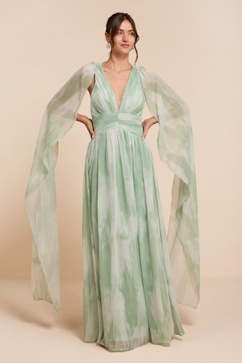 Damaria Sage Multi Abstract Cape Sleeve Maxi Dress 1