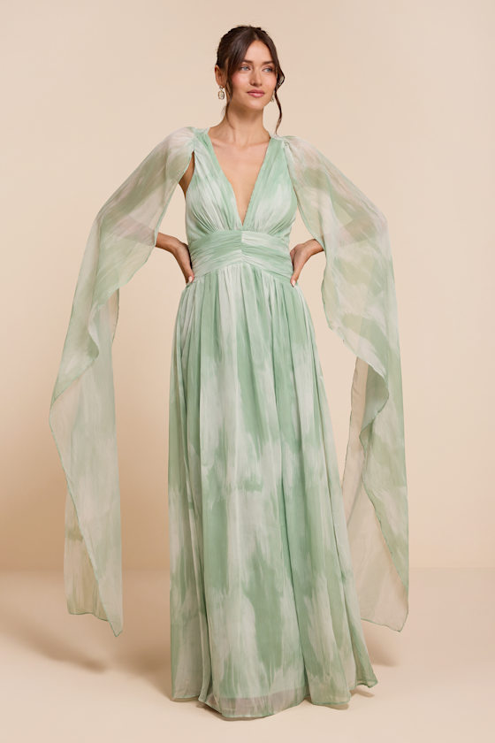 Damaria Sage Multi Abstract Cape Sleeve Maxi Dress 1