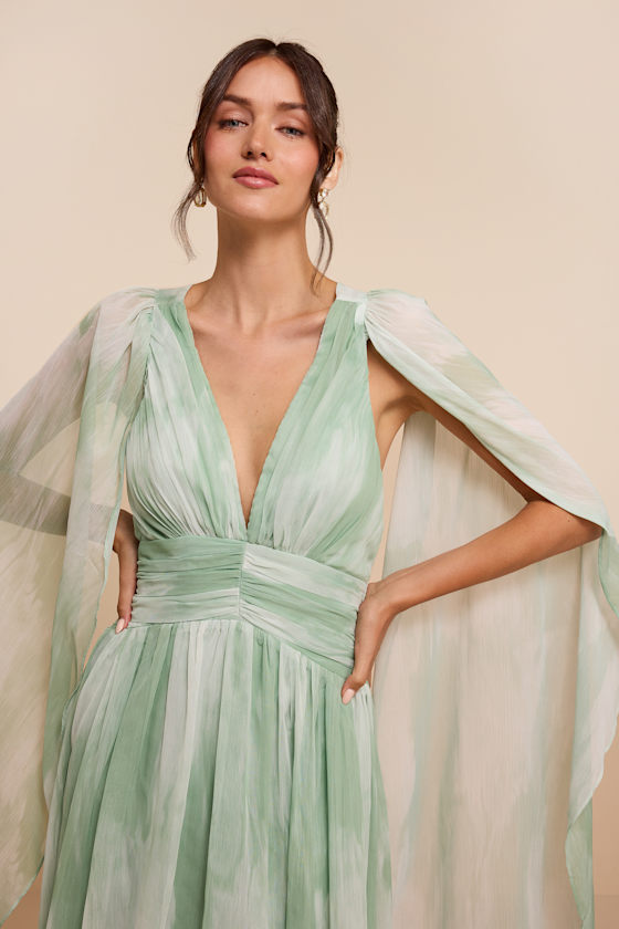 Damaria Sage Multi Abstract Cape Sleeve Maxi Dress 2