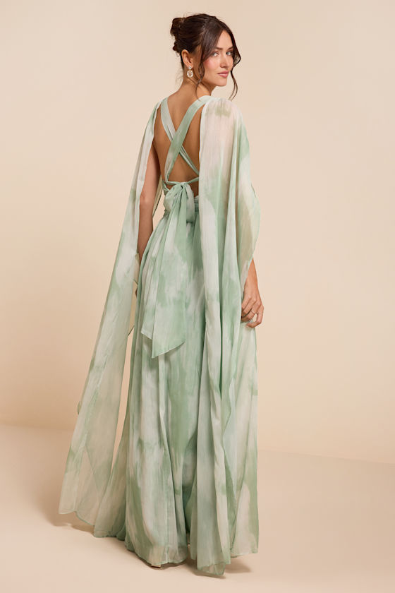 Damaria Sage Multi Abstract Cape Sleeve Maxi Dress - thumbnail 3