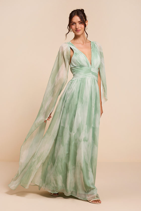 Damaria Sage Multi Abstract Cape Sleeve Maxi Dress - thumbnail 4