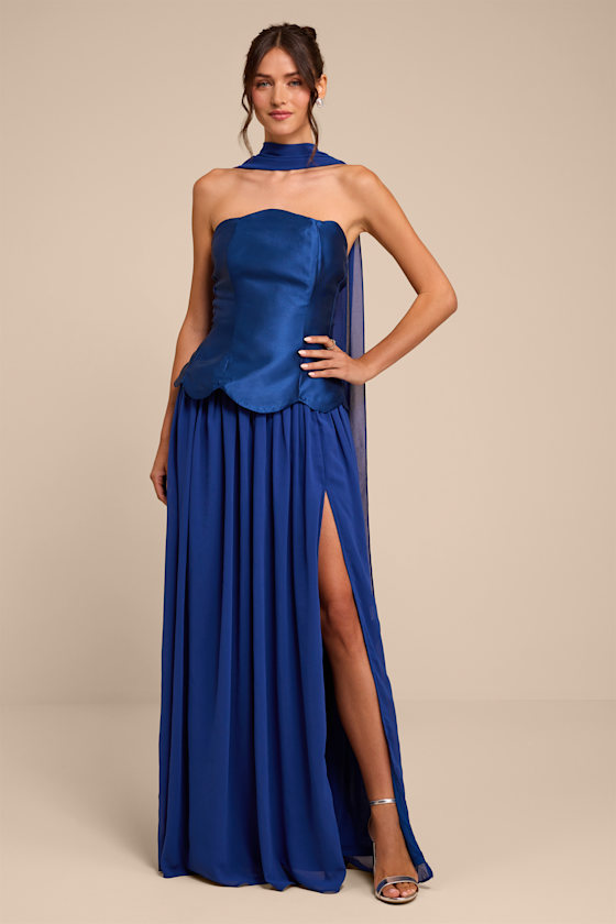 Image of Kadence Navy Mixed Media Maxi Dress and Scarf Set