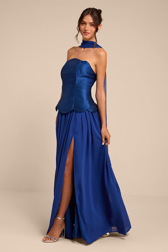 Kadence Navy Mixed Media Maxi Dress and Scarf Set - thumbnail 4