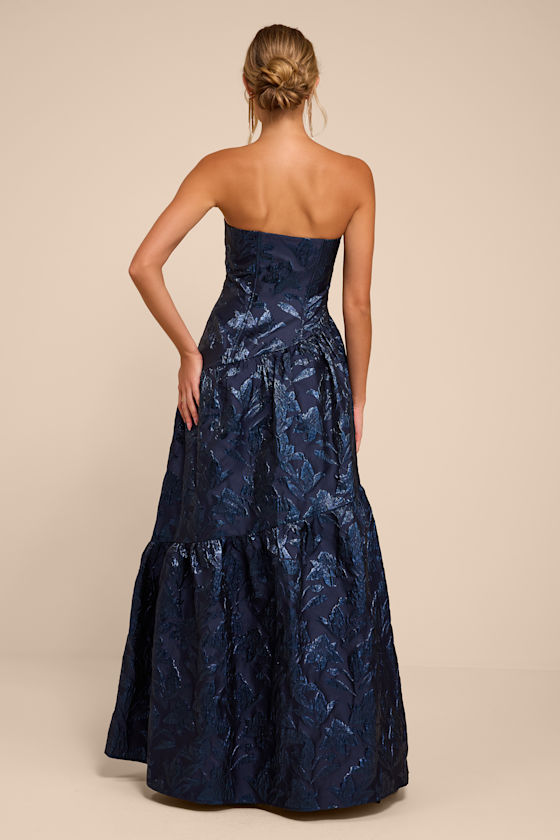 Regency Navy Blue Jacquard Strapless Maxi Dress - thumbnail 3