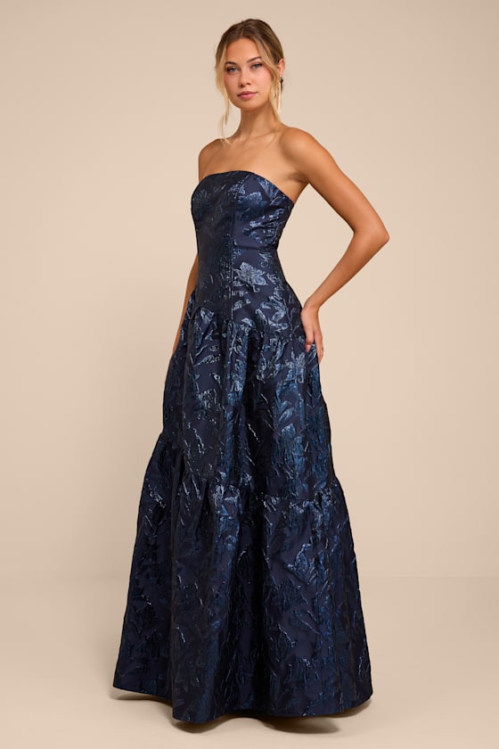 Regency Navy Blue Jacquard Strapless Maxi Dress - thumbnail 4