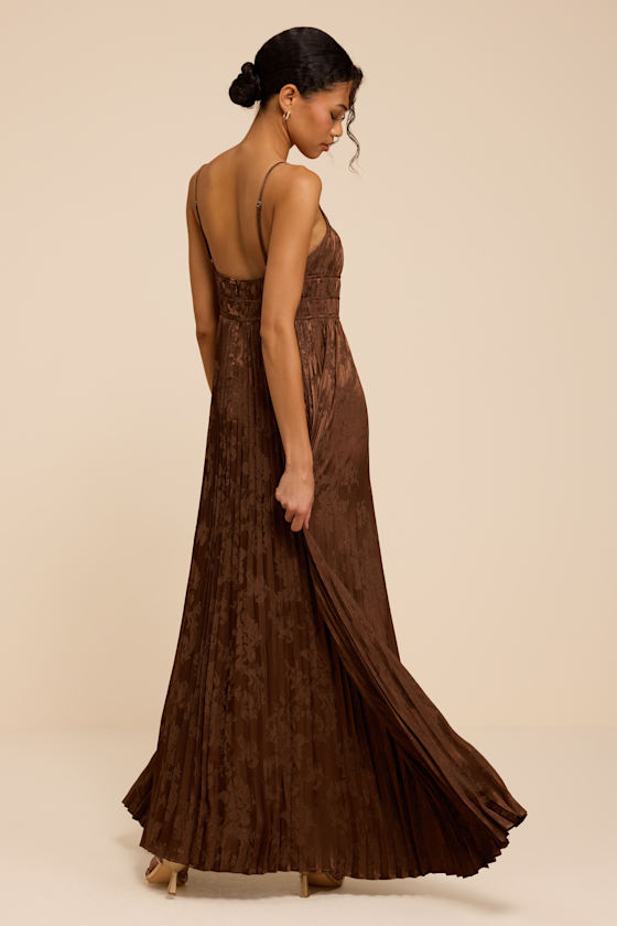 Ashyr Brown Satin Jacquard Pleated Maxi Dress - thumbnail 4