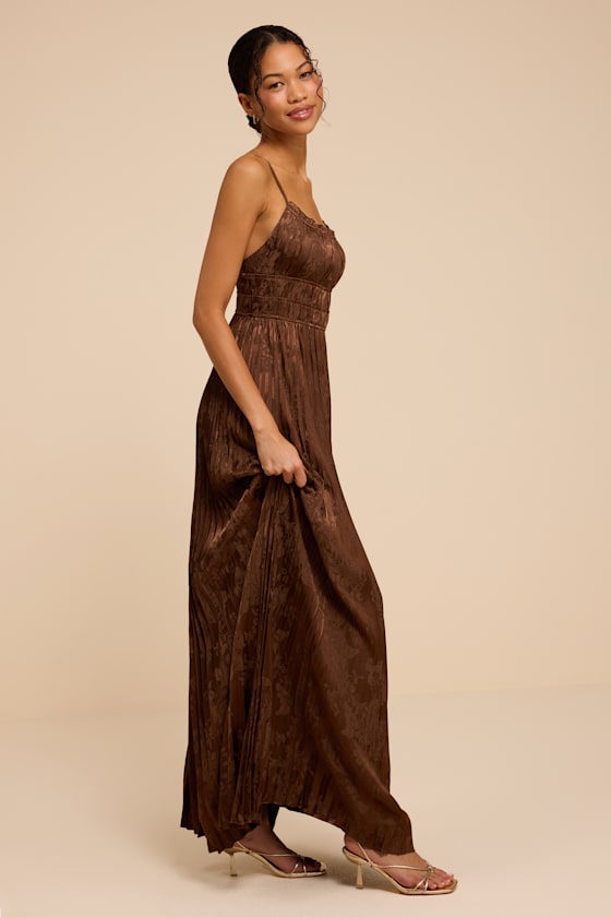 Ashyr Brown Satin Jacquard Pleated Maxi Dress - thumbnail 5