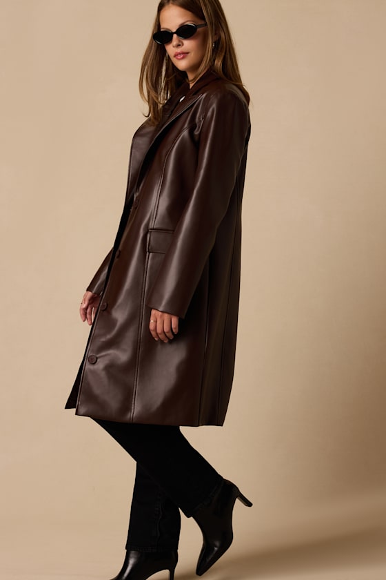 Lulus Elaine Brown Vegan Leather Trench Coat