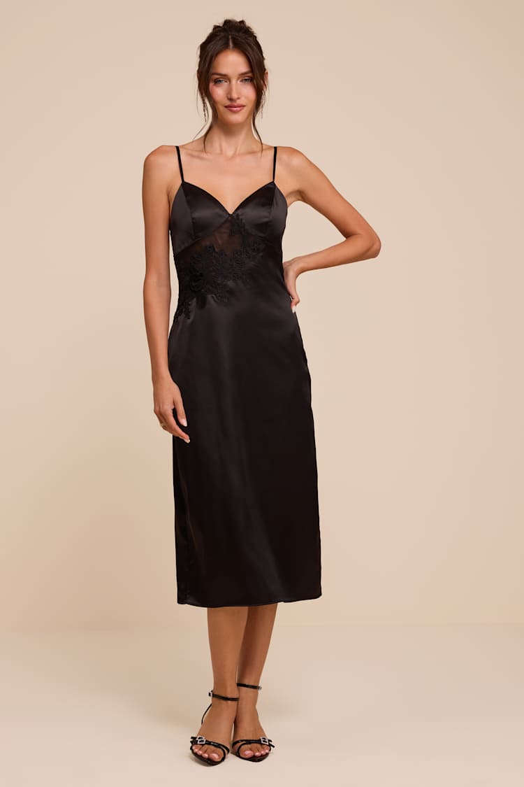 Black Satin Crochet Lace Slip Midi Dress | Womens | X-Large (Available in XS, S, M, L) | 100% Polyester