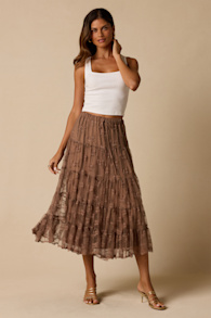 Exceptionally Graceful Tan Lace High-Rise Tiered Midi Skirt 1