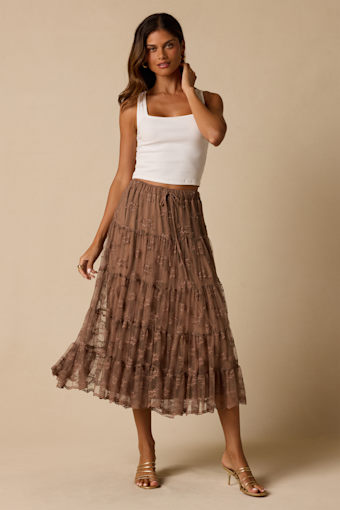 Exceptionally Graceful Tan Lace High-Rise Tiered Midi Skirt 1