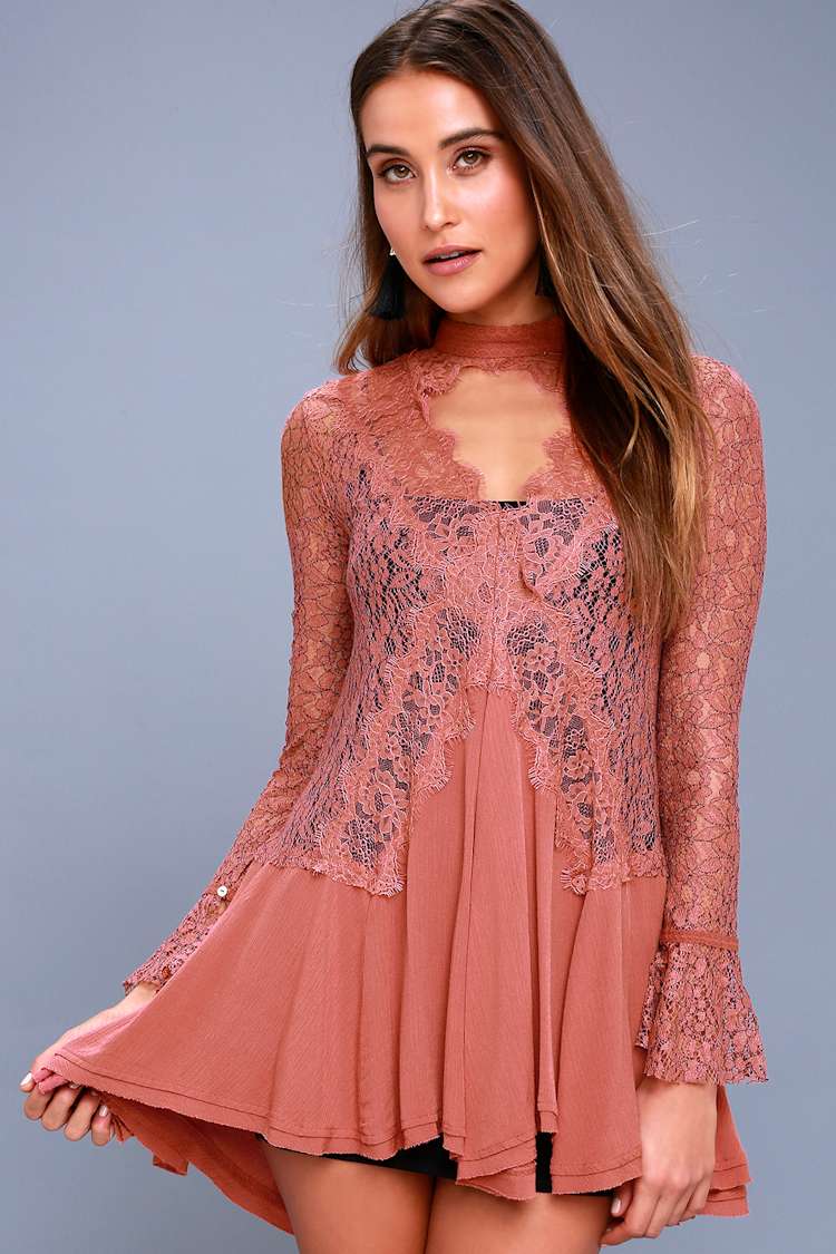 New Tell Tale Rusty Rose Lace Long Sleeve Tunic